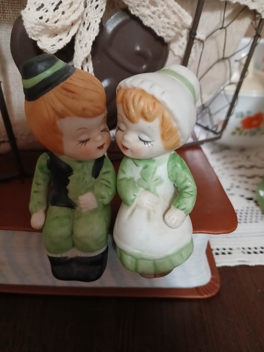 Vintage Pair of Green Ceramic Boy & Girl Salt And Pepper Shakers